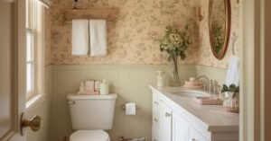 Cozy cottage bathroom with vintage mirror, floral accents, and warm inviting decor