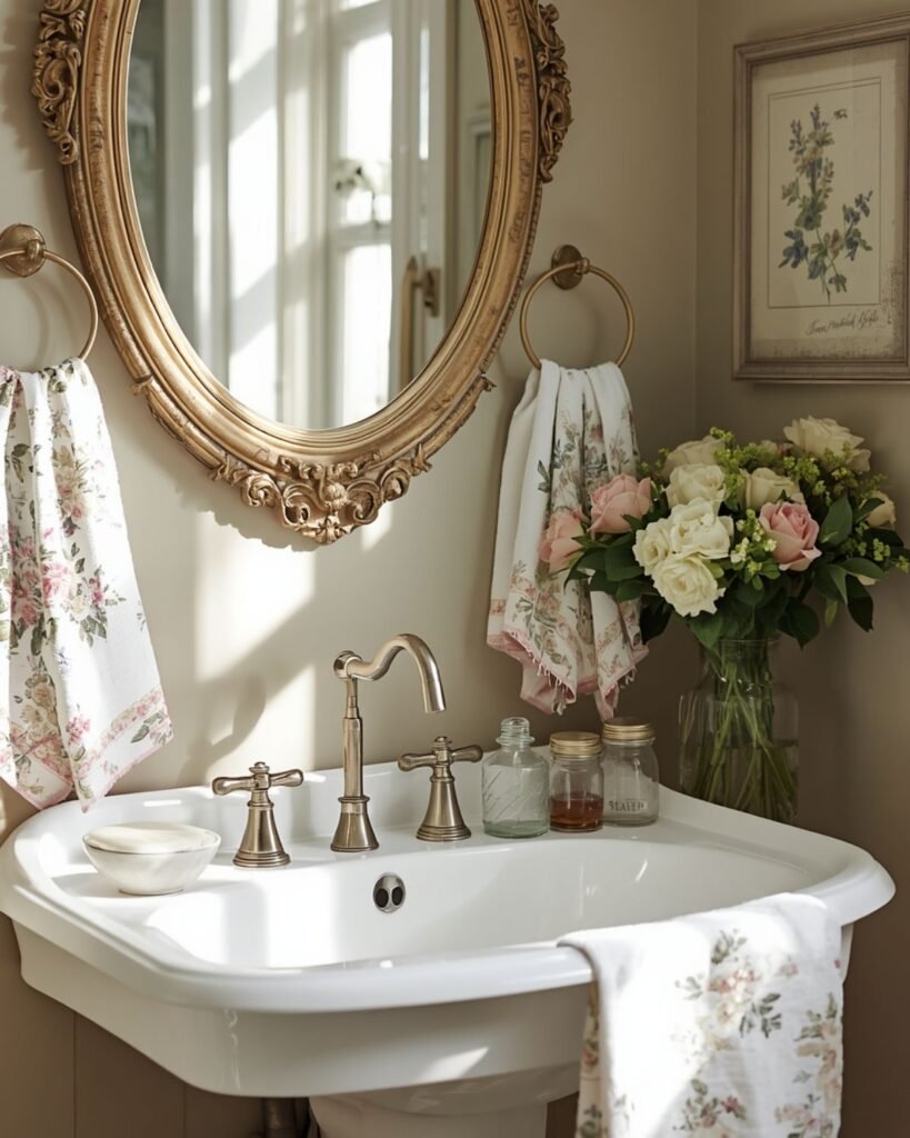 Vintage-inspired cottage bathroom sink with ornate mirror and floral accents