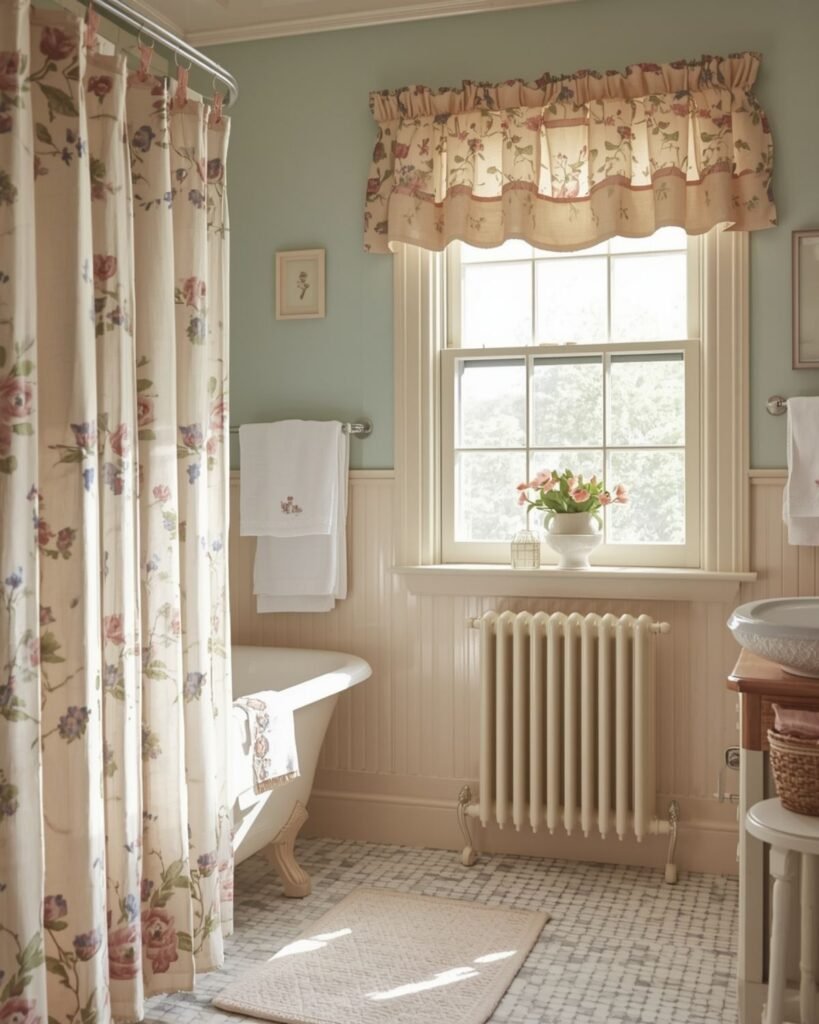 Cozy cottage bathroom with floral textiles and vintage-inspired charm