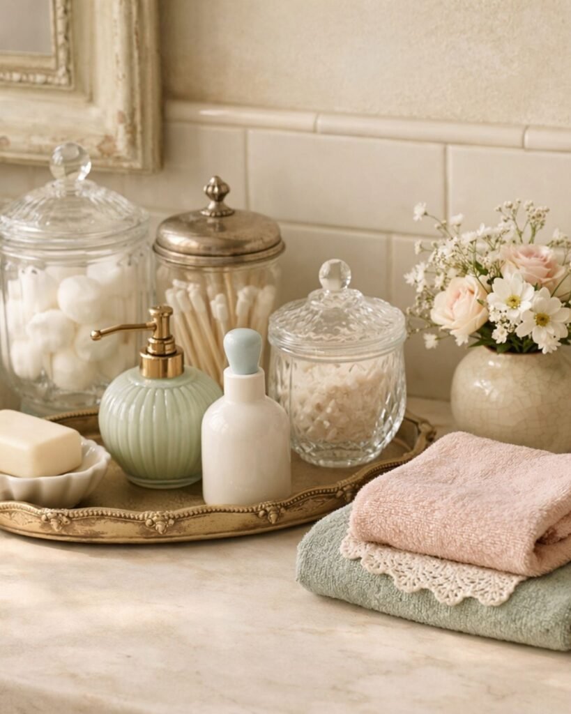 Vintage-inspired cottage bathroom countertop with decorative jars and elegant essentials