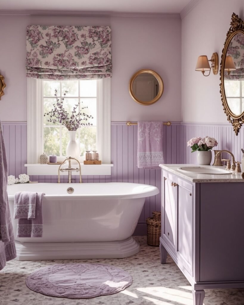 Cozy cottage bathroom with soft purple accents and vintage-inspired lighting