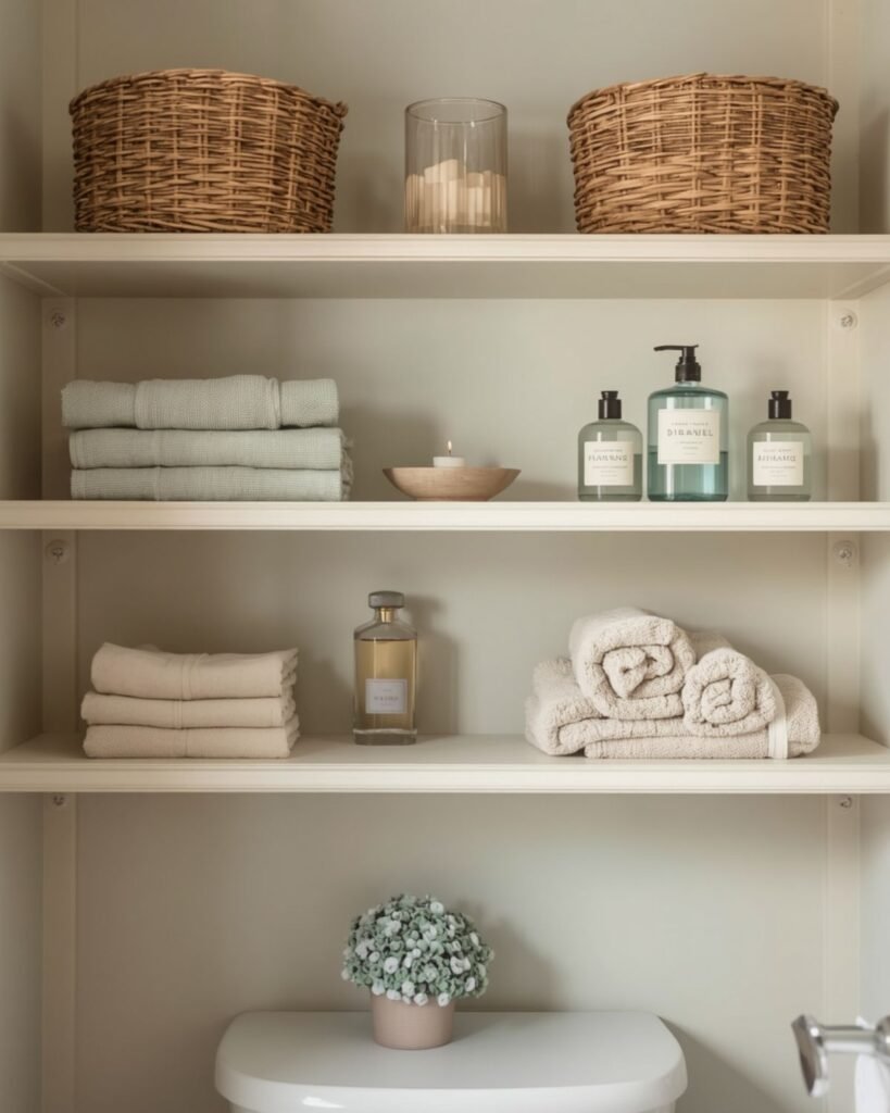 Cottage bathroom open shelves styled with towels, baskets, and vintage accents