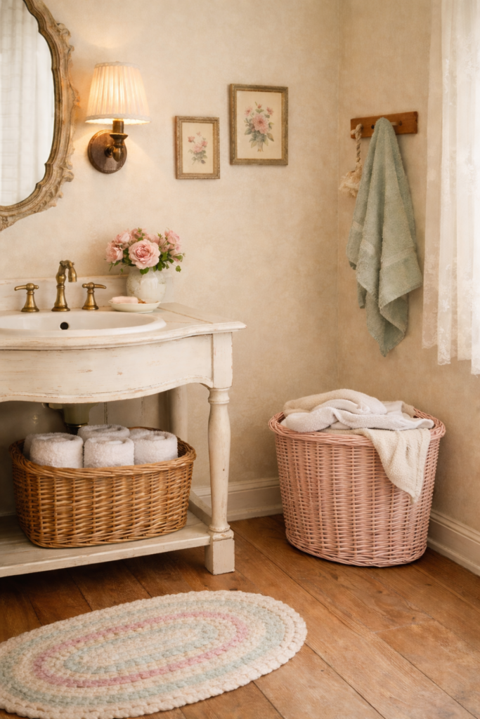 Cozy cottage bathroom with wicker baskets for charming natural storage