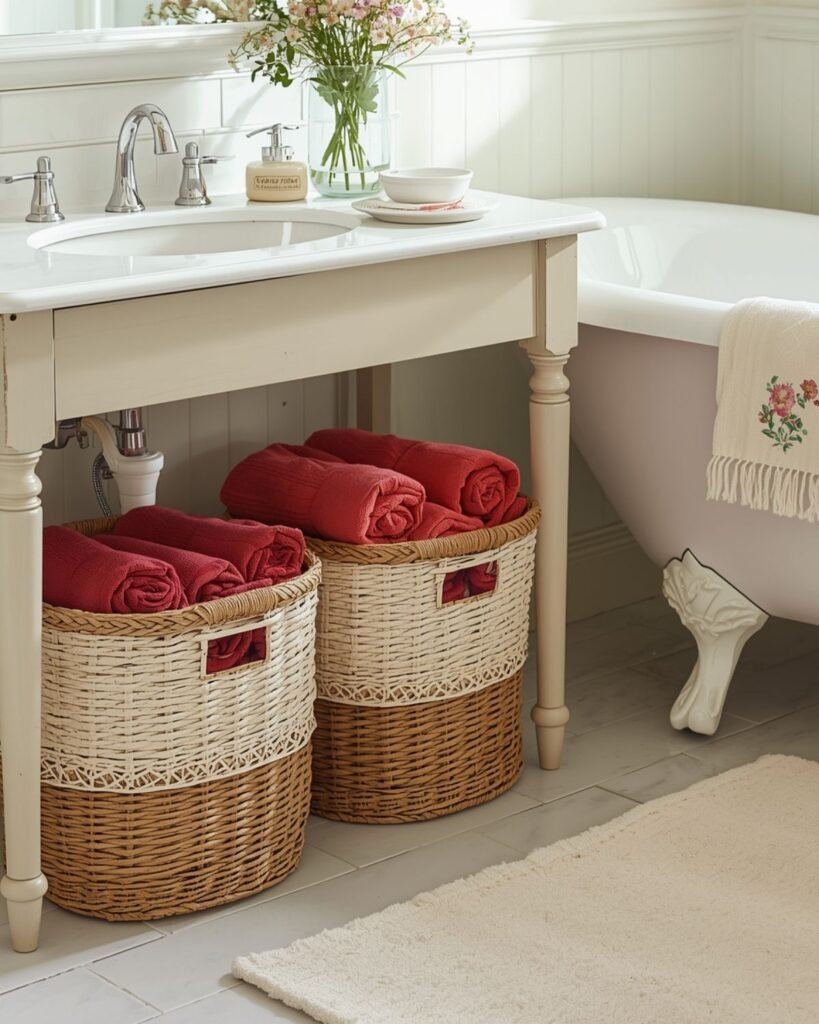 Cozy cottage bathroom with a vintage-style rug adding warmth and charm