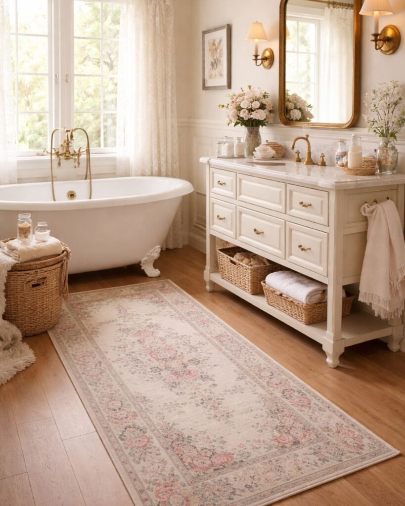 Cozy cottage bathroom with a vintage-style rug adding warmth and charm
