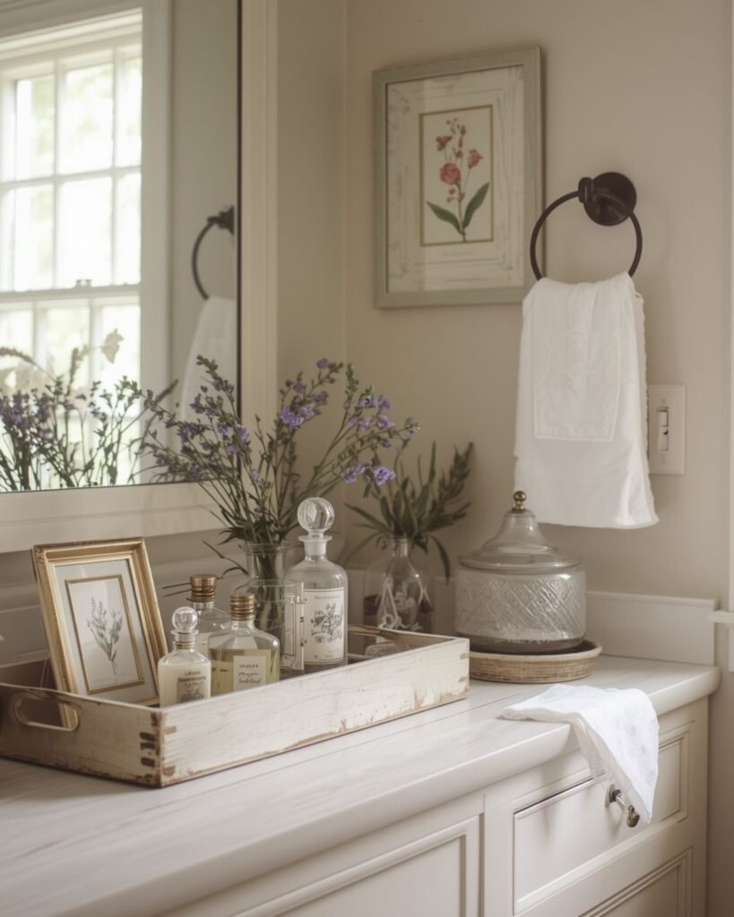 Cottage bathroom styled with antique accents and vintage-inspired decor