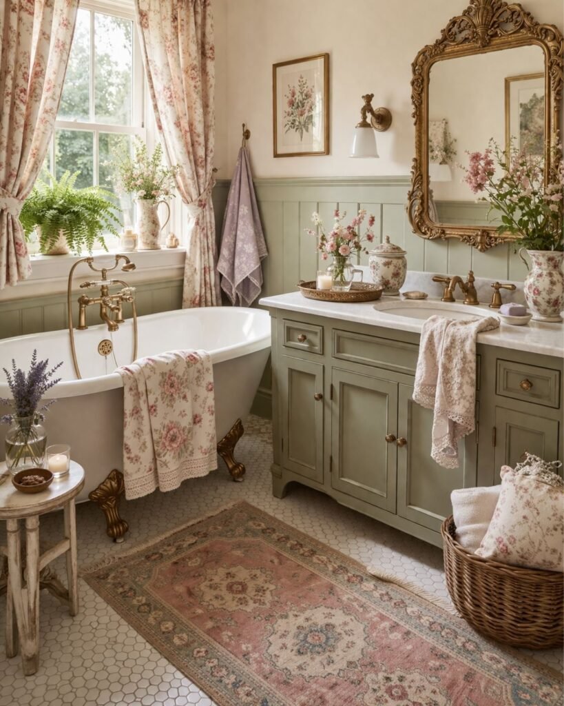 Collected cottage bathroom with softly mismatched vintage-inspired decor