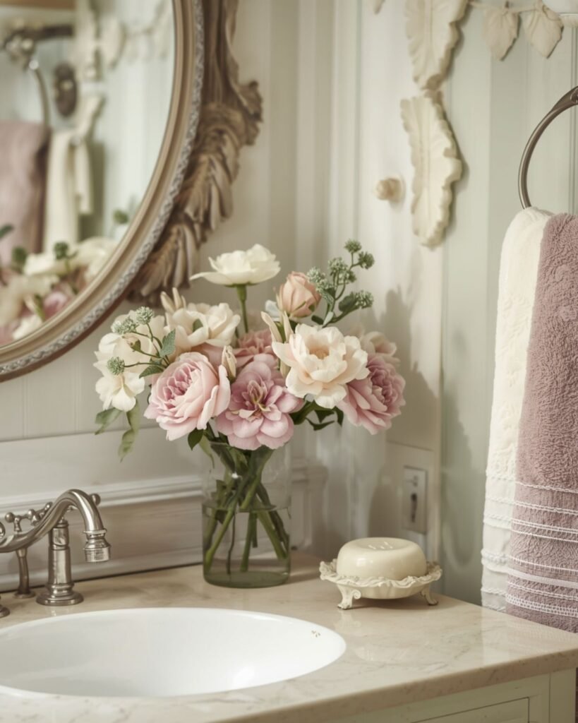 Cozy cottage bathroom with flowers and soft vintage-inspired details