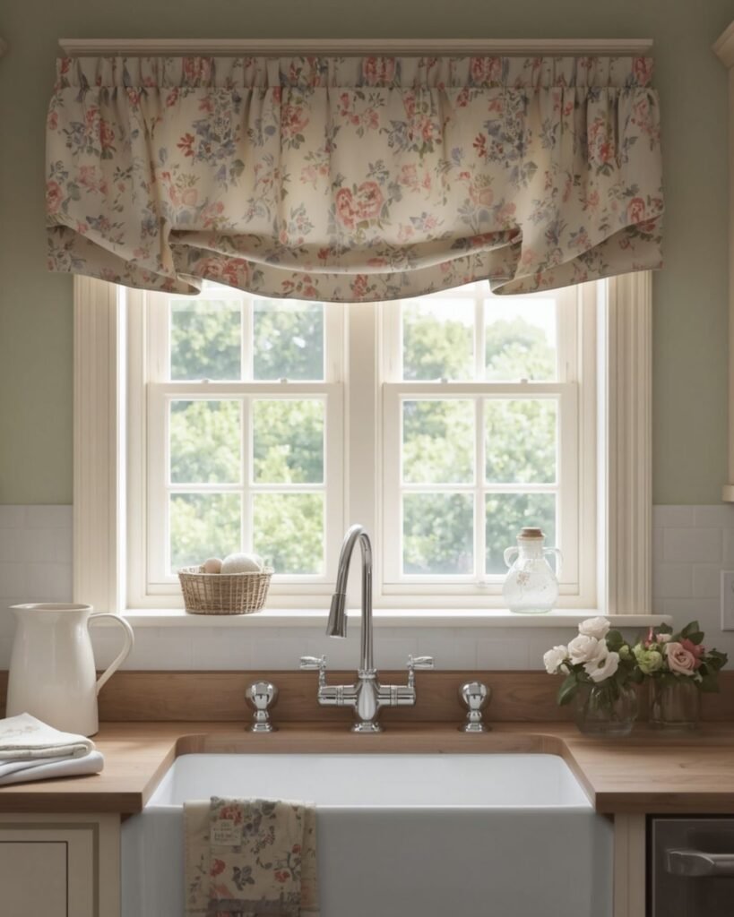 Floral cottage kitchen curtains above farmhouse sink in cozy vintage kitchen