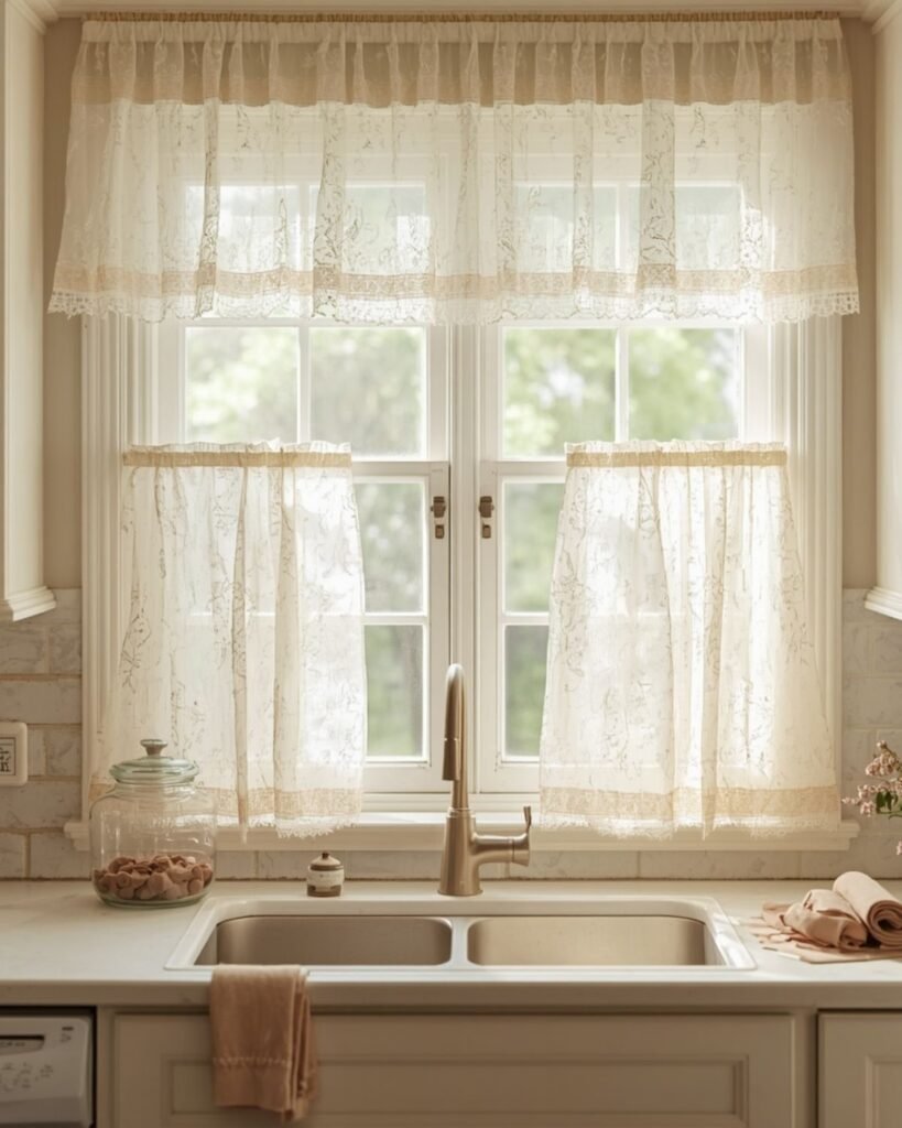 Lace cottage kitchen curtains in a bright vintage-inspired kitchen window