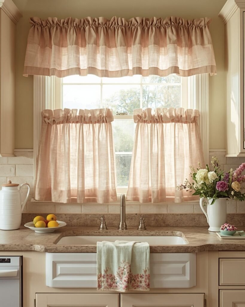 Ruffled cottage kitchen curtains in a cozy vintage-style kitchen