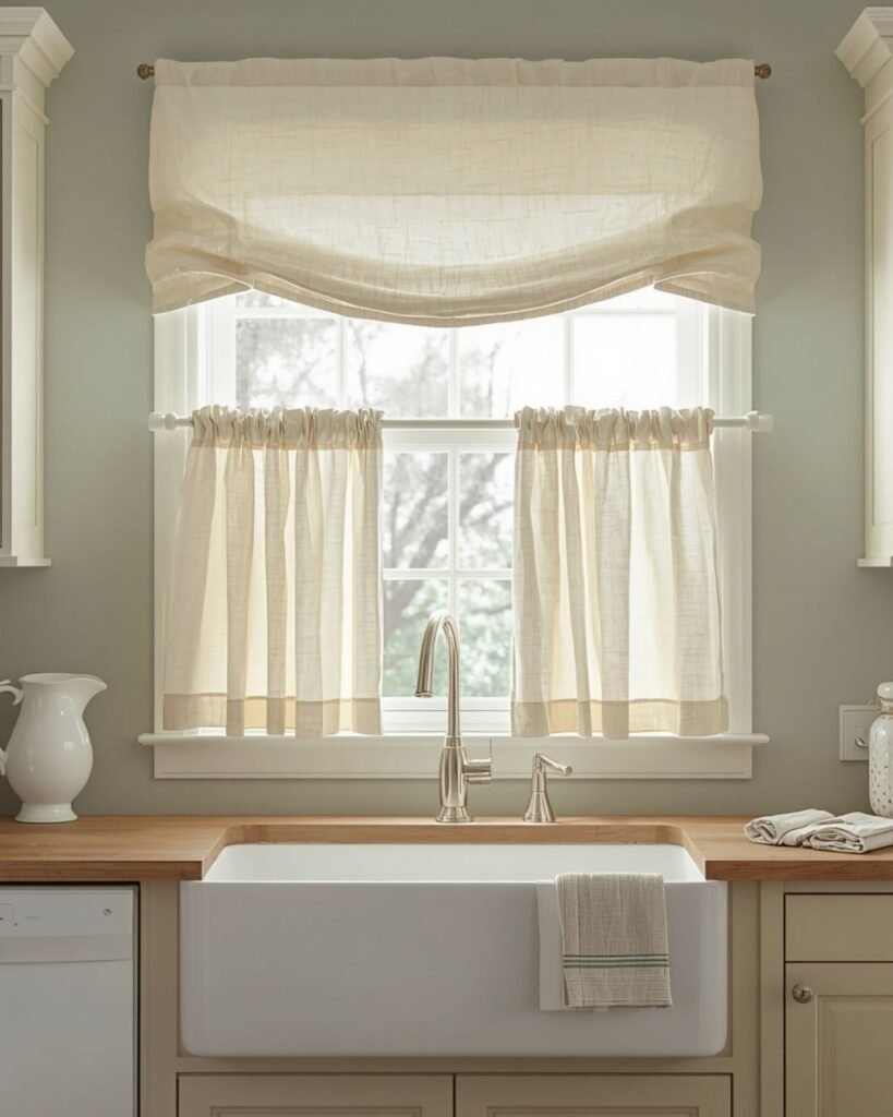 Cream linen cottage kitchen curtains in a cozy vintage-inspired kitchen