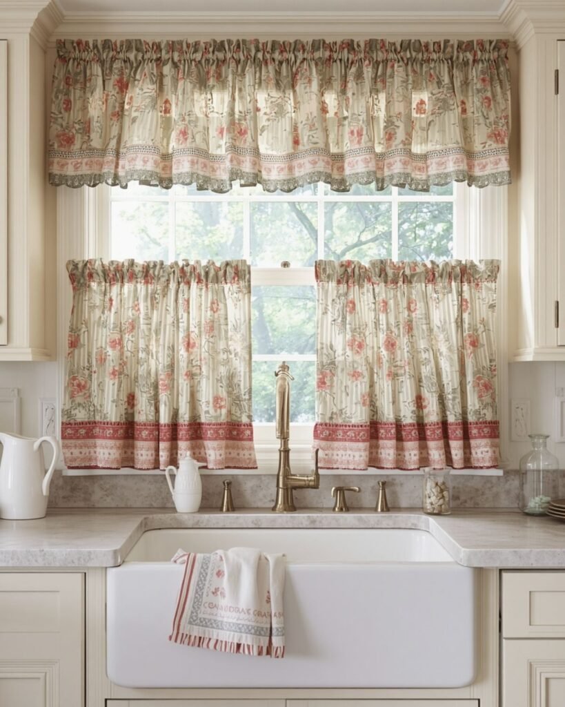 Mixed print cottage kitchen curtains in a cozy grandmacore kitchen
