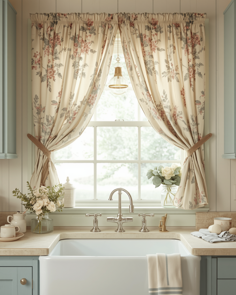 Tie-up shade cottage kitchen curtains in a cozy vintage-inspired kitchen
