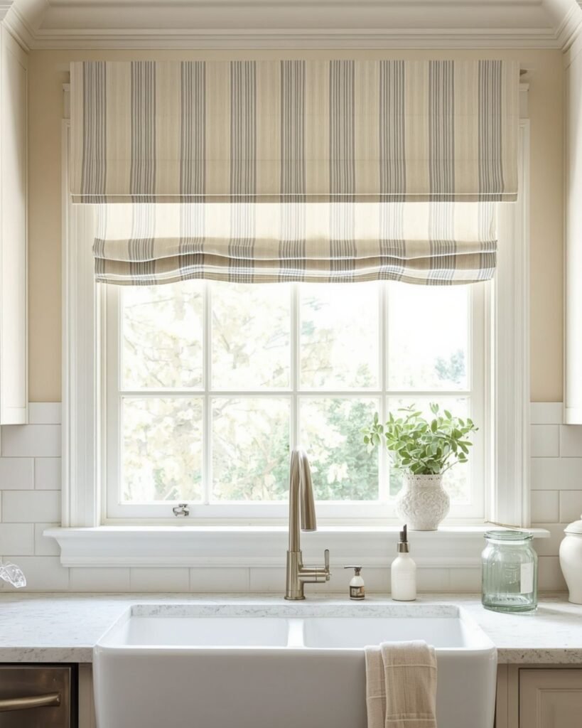 Soft ticking stripe curtains bring subtle pattern to a cozy cottage kitchen