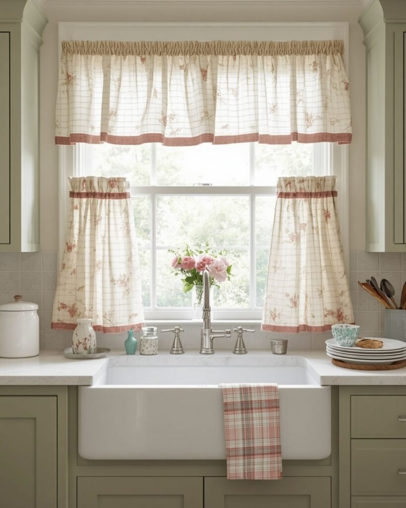 Color-coordinated cottage kitchen curtains in a cozy vintage-style kitchen