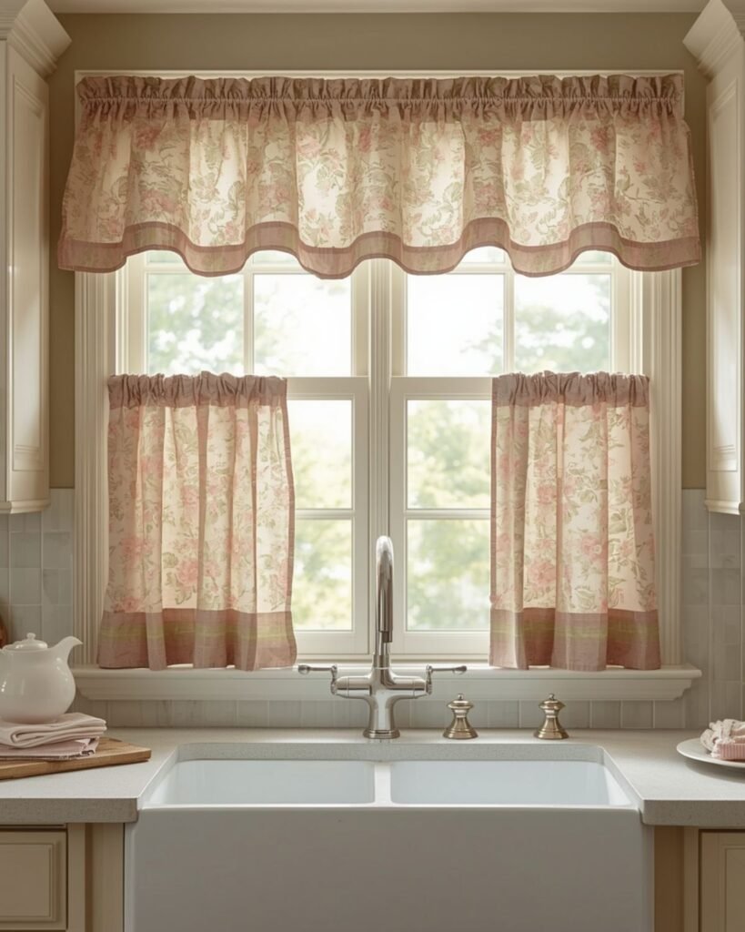 Vintage-inspired cottage kitchen curtains in a cozy collected kitchen