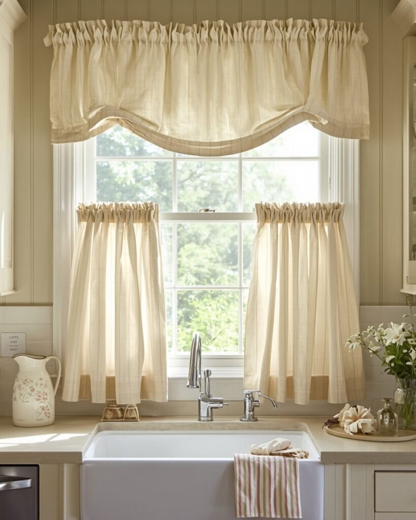 Soft simple cottage kitchen curtains in a cozy vintage-inspired kitchen