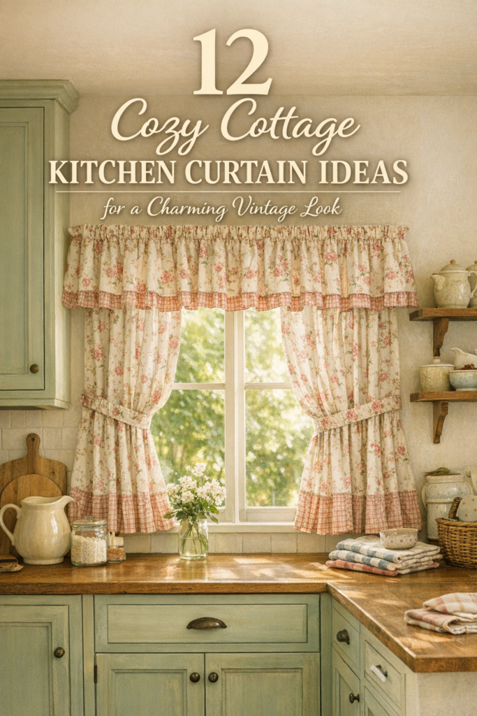 Cozy cottage kitchen curtain ideas pin featuring charming vintage-inspired kitchen window treatments