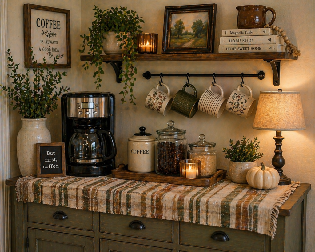 a small sideboard with a plaid runner, coffee maker, hanging mugs, glass jars, and warm lamp light
