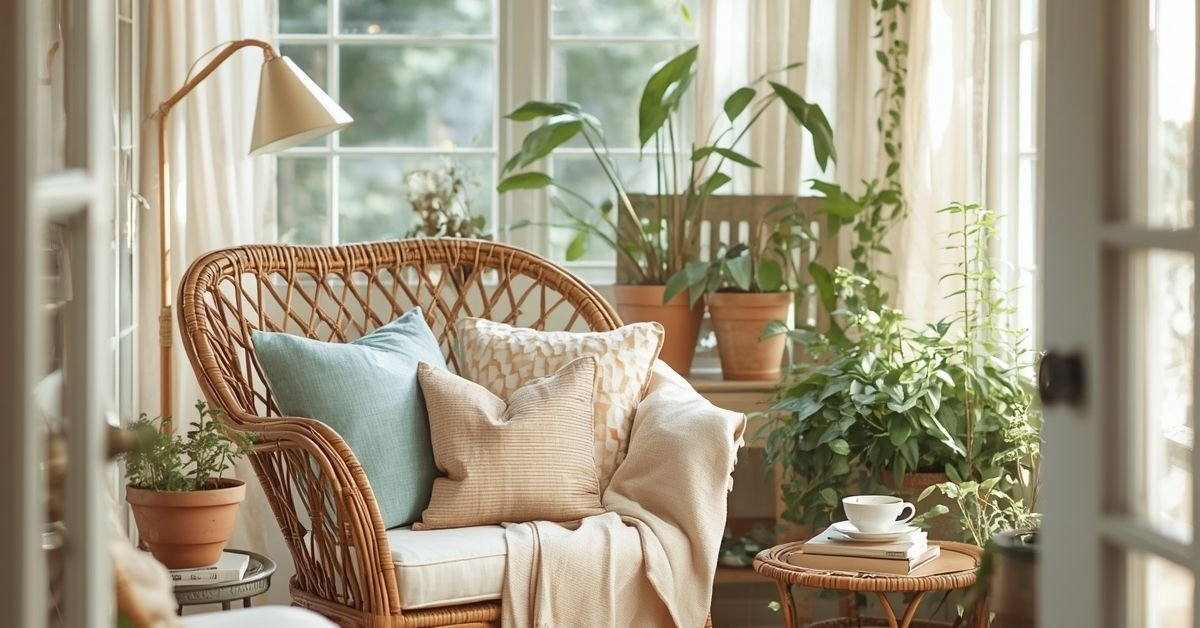 cozy vintage-inspired sunroom with wicker furniture plants and warm natural light