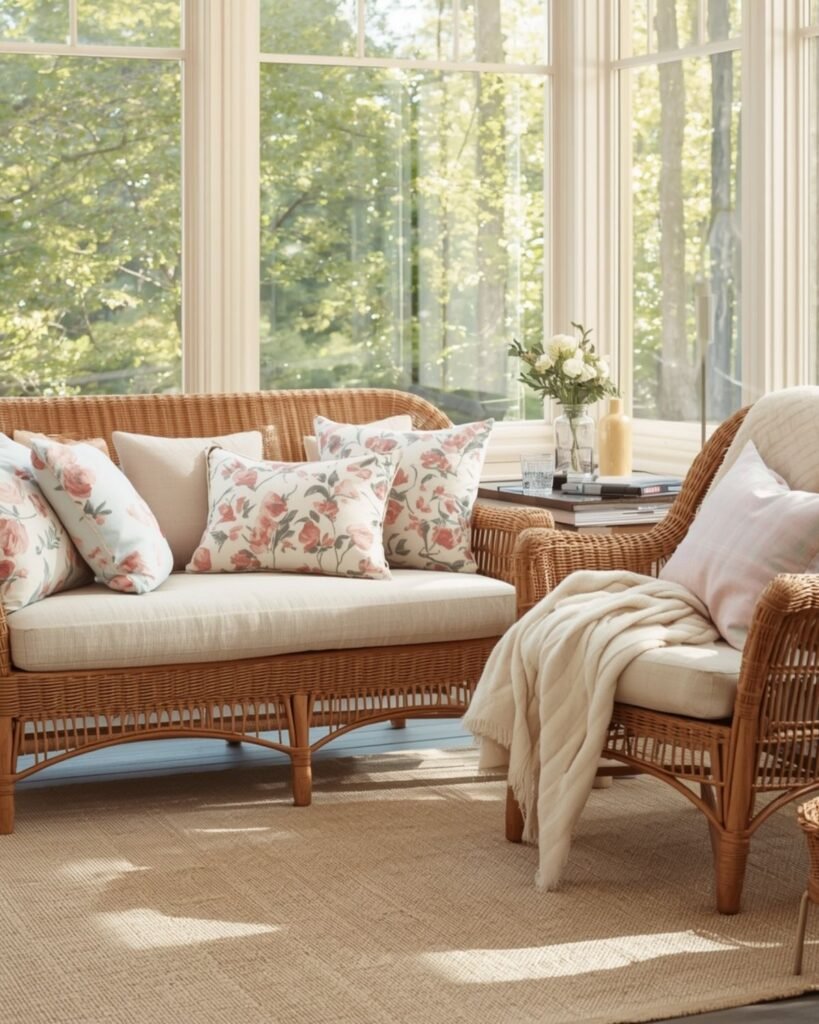 cozy sunroom seating area with wicker furniture pillows and soft sunlight