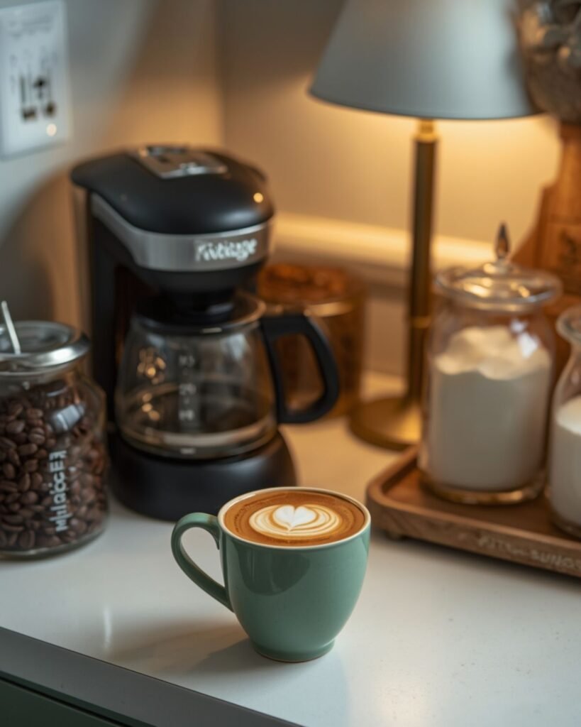 Cozy coffee bar with a freshly made cup of coffee, cream swirl, and warm morning light in a small space
