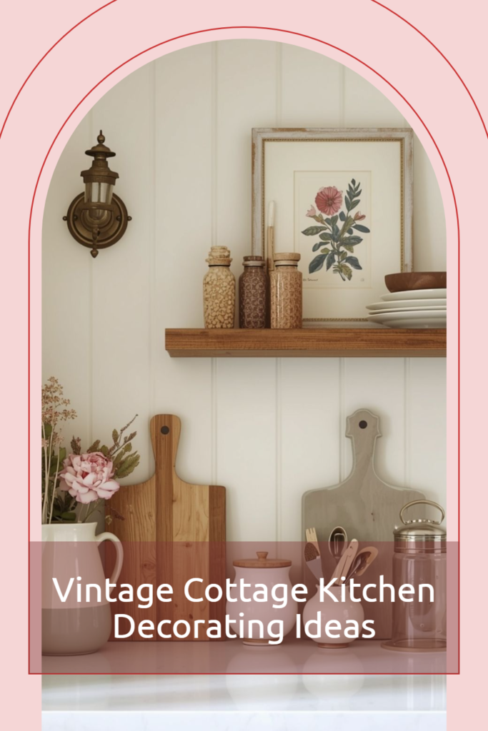 Floral Art piece on a shelf , displayed cutting boards on the wall a white pitcher with decorative flowers