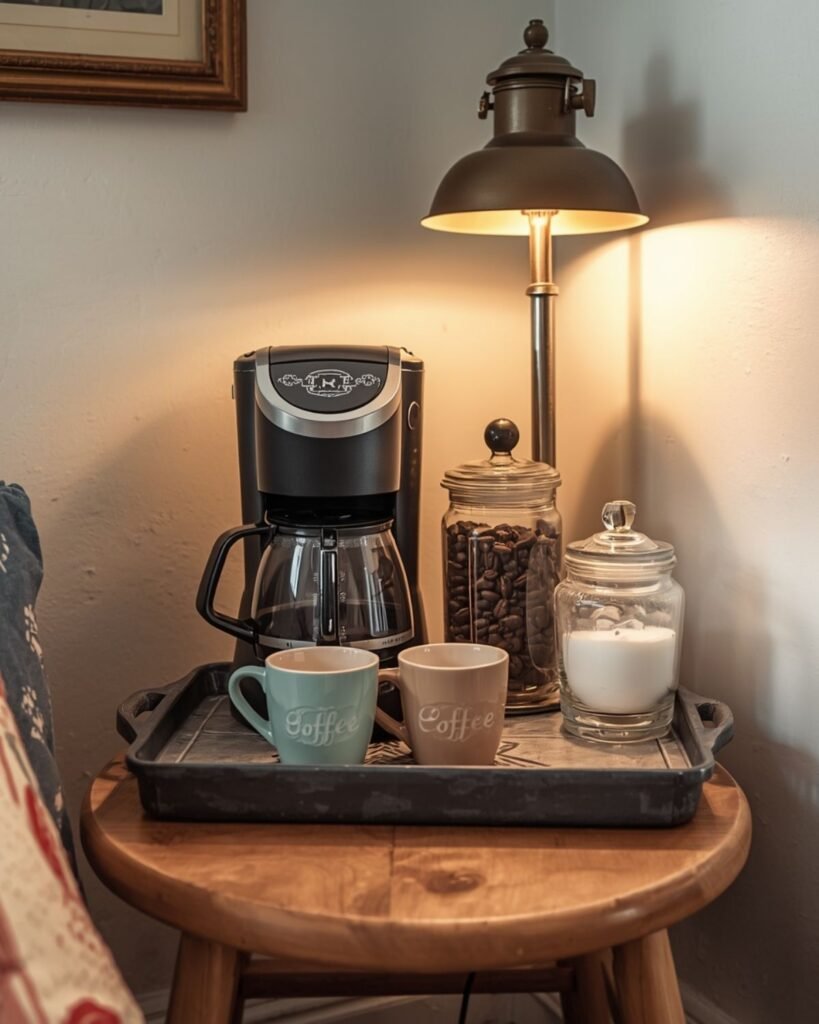 DIY coffee nook made from a small table with a compact coffee maker, mugs, jars, and cozy lighting