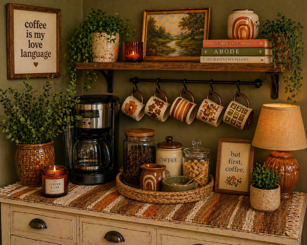 earth tone 70s-style mugs, warm green wall, coffee maker, glass jars, and soft lamp light
