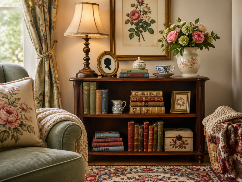 Grandmacore decor ideas with vintage books, framed floral art, a warm lamp, a teacup, and sentimental keepsakes on a cozy wooden shelf.