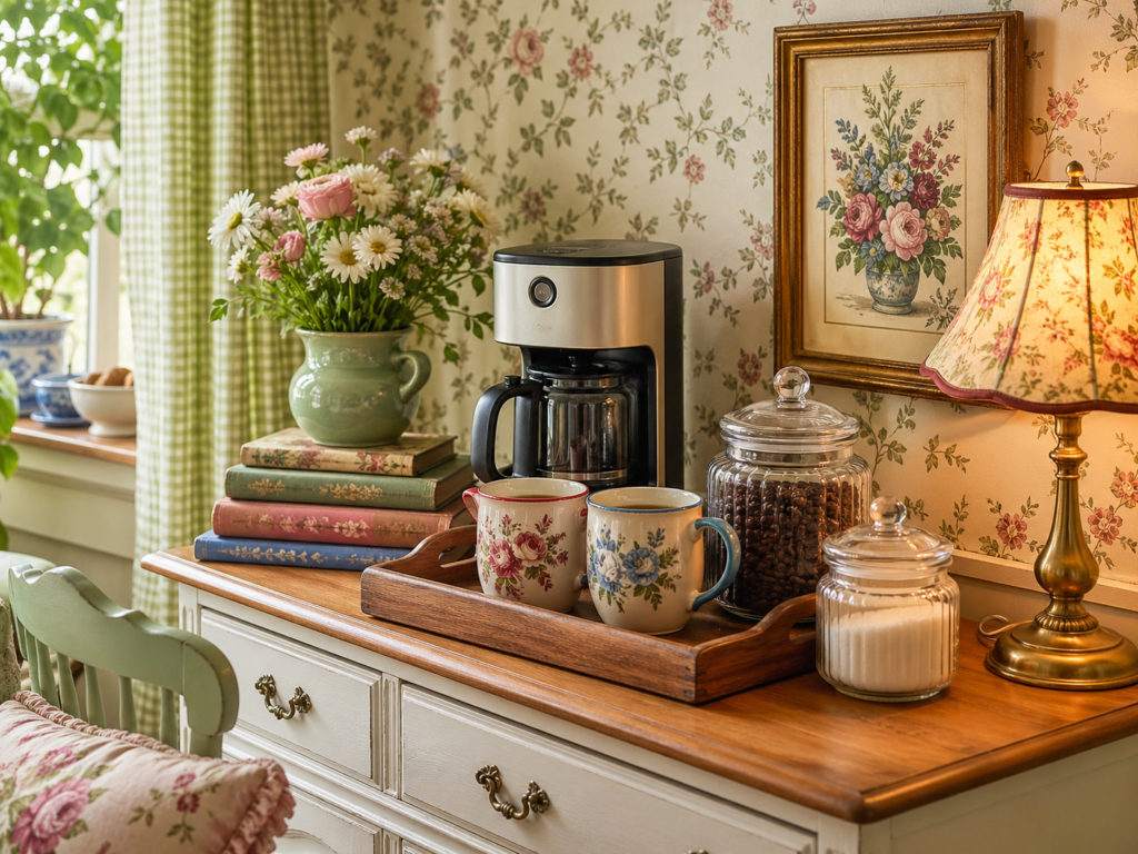 a coffee bar, floral mugs, glass coffee jars, vintage books, and warm cottage kitchen charm.