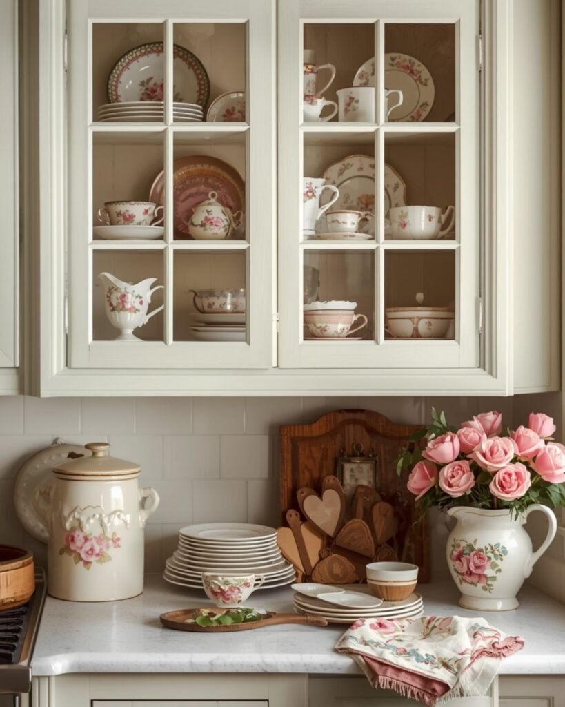 collected floral dishes, teacups, open shelving, and cozy vintage kitchen charm.