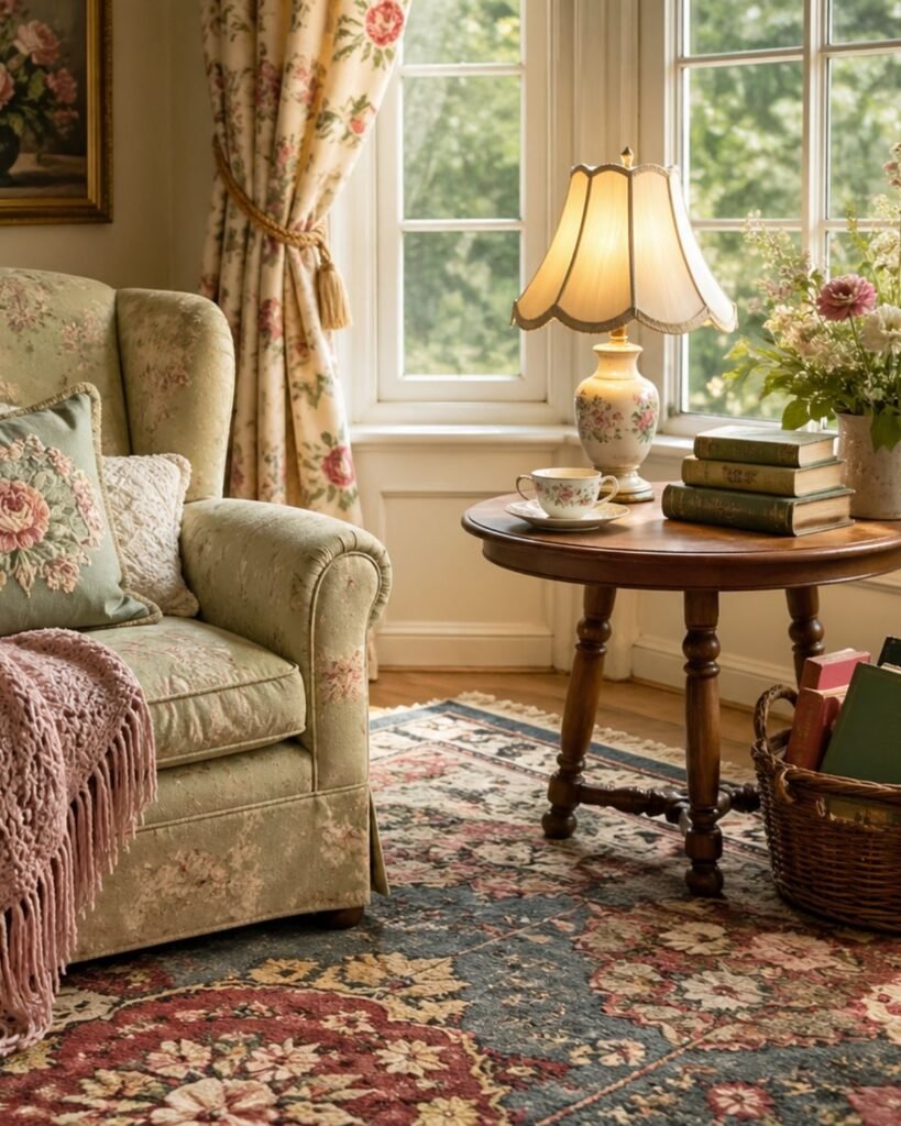 a cozy reading corner, floral armchair, warm lamp, vintage books, and a colorful patterned rug.