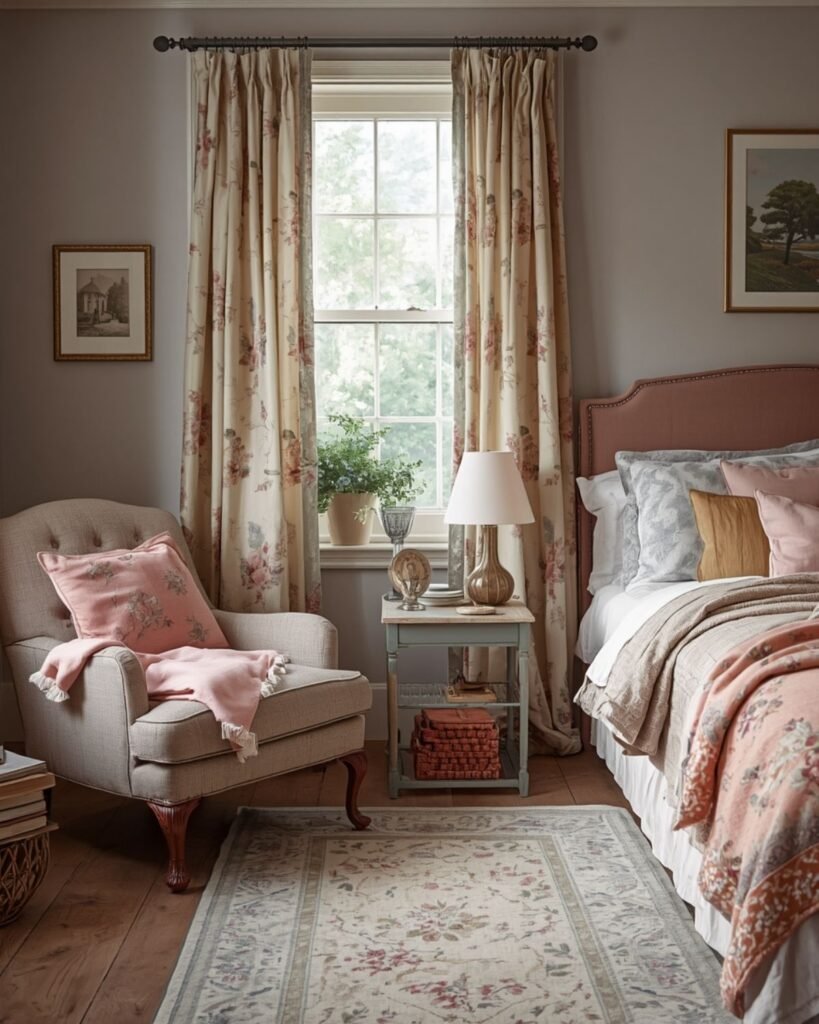 layered floral textiles, a vintage-style rug, soft curtains, and cozy collected charm.