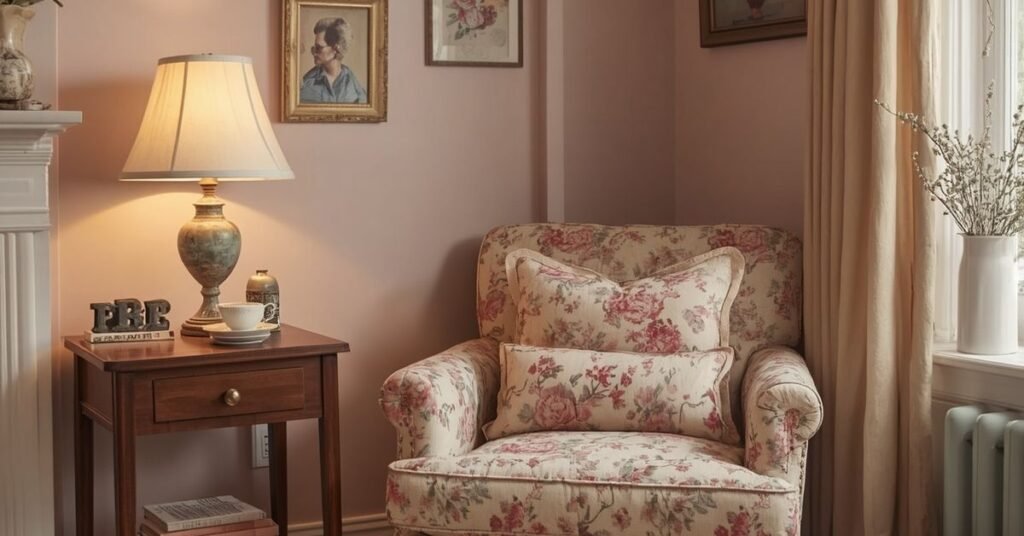 vintage home with floral pillows, vintage books, warm lighting, and collected cottage-style details.