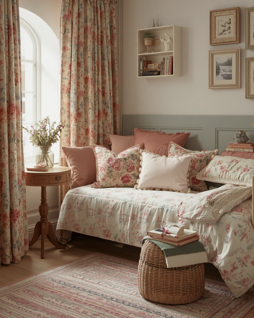 soft floral pillows, a cozy quilt, vintage-style lighting, and warm cottage bedroom charm.