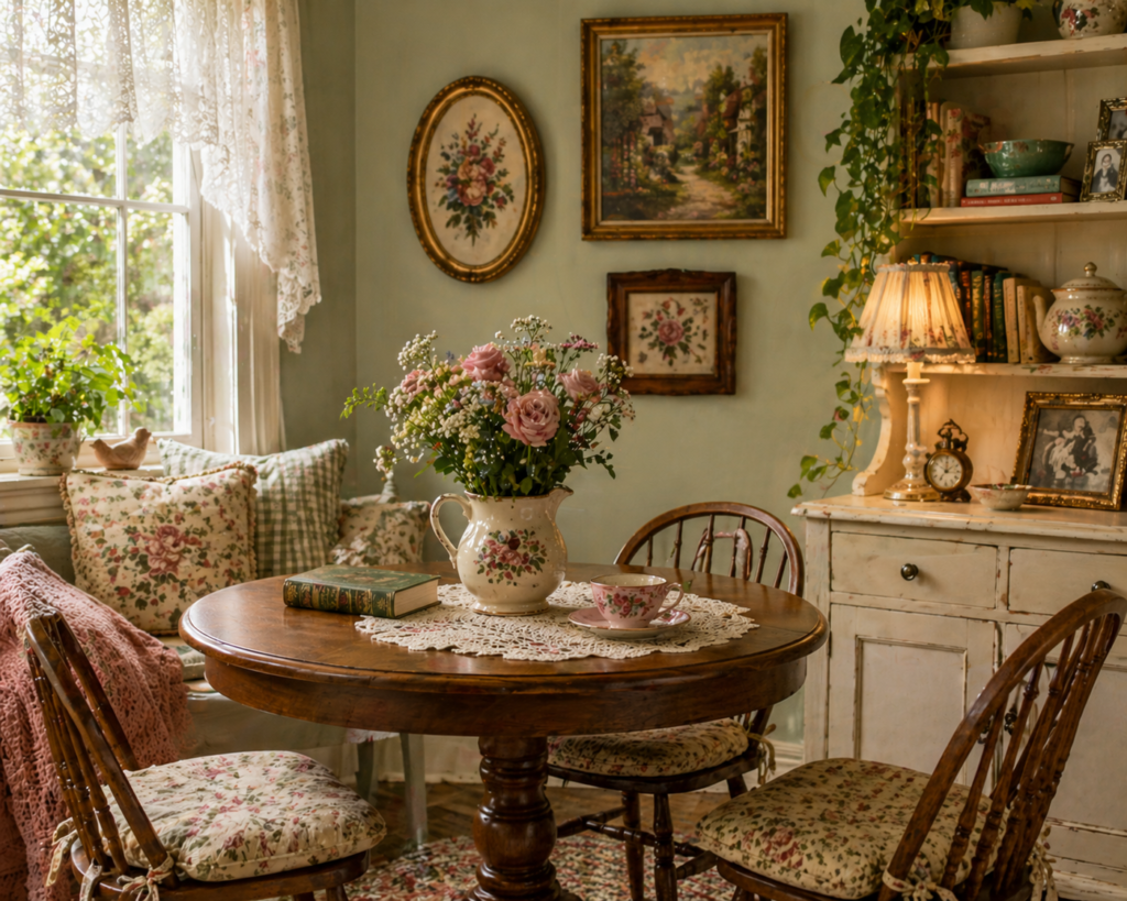 Grandmacore decor ideas with a cozy vintage dining nook, floral cushions, lace curtains, a wooden table, warm lighting, and collected cottage details.