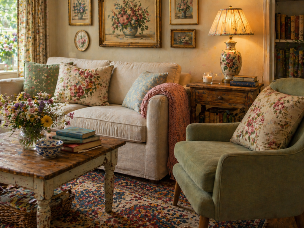 living room that mixes a simple sofa and chair with vintage floral art, a rustic table, and a colorful patterned rug.
