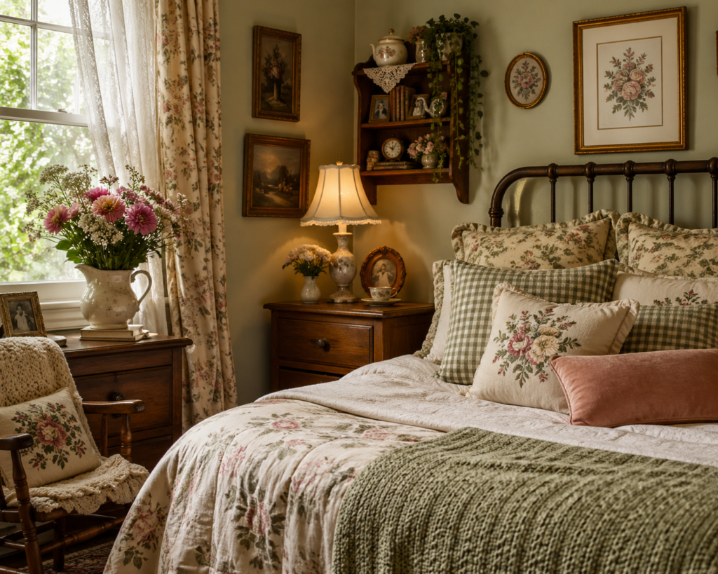 Grandmacore decor ideas with soft sage green, dusty rose, floral bedding, vintage art, warm lighting, and cozy cottage bedroom charm.