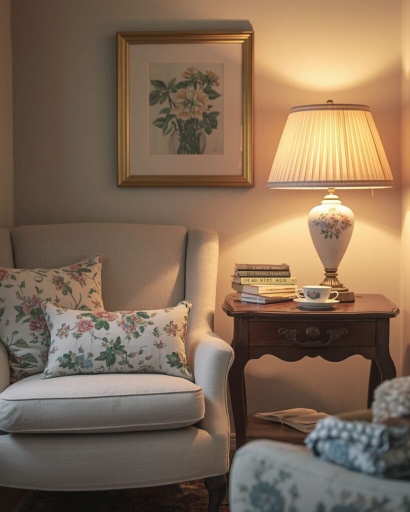 vintage-style lamp, warm lighting, cozy chair, and collected cottage details.