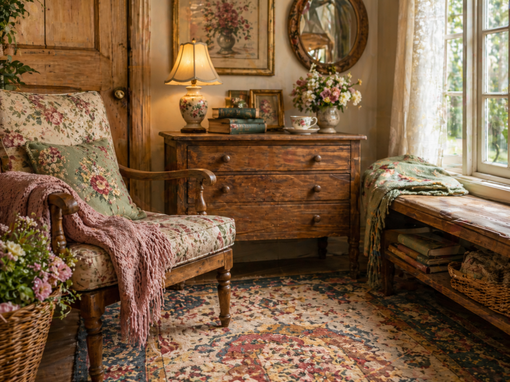 warm wood tones, worn vintage furniture, floral textiles, and a cozy collected reading corner.