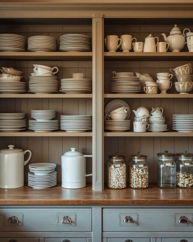 Open kitchen shelves with stacked plates, teacups, and glass jars in a cozy grandmacore kitchen