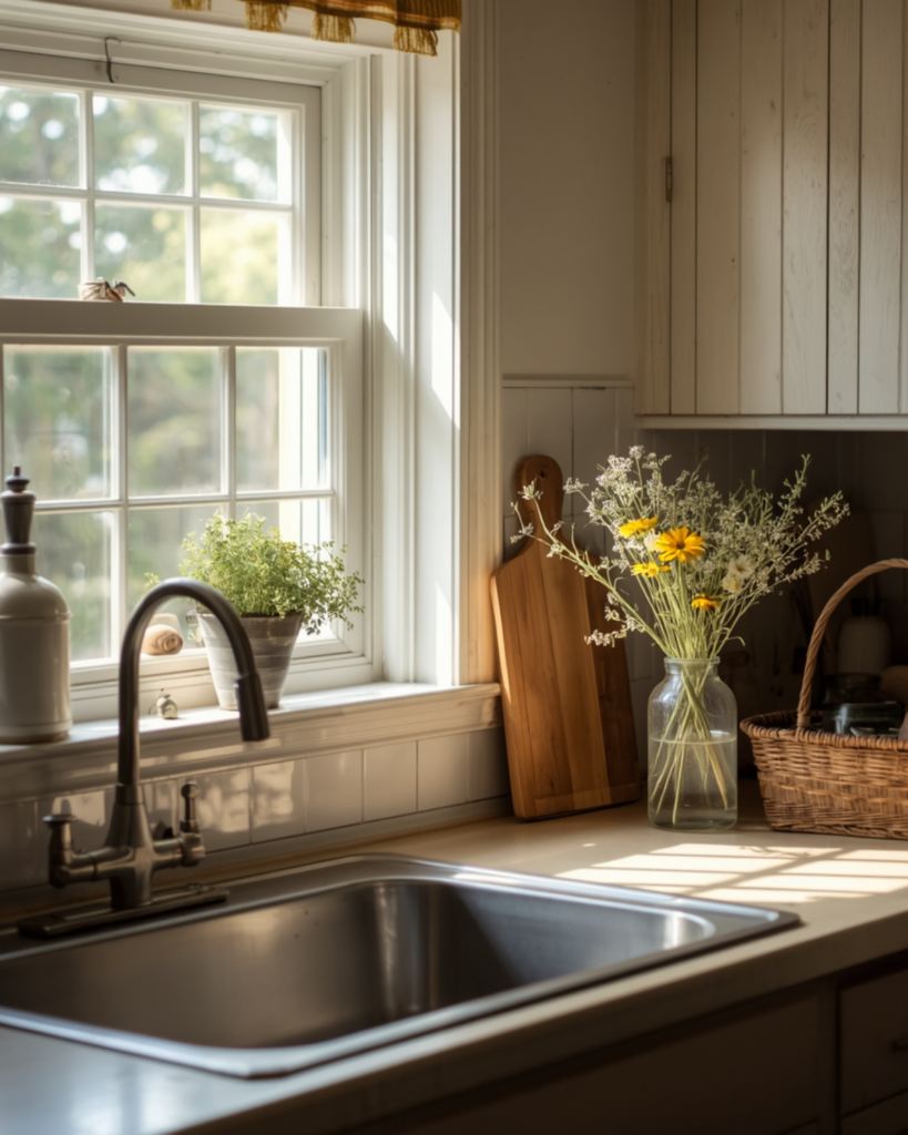 Fresh herbs, flowers, and wooden cutting boards in a cozy grandmacore kitchen