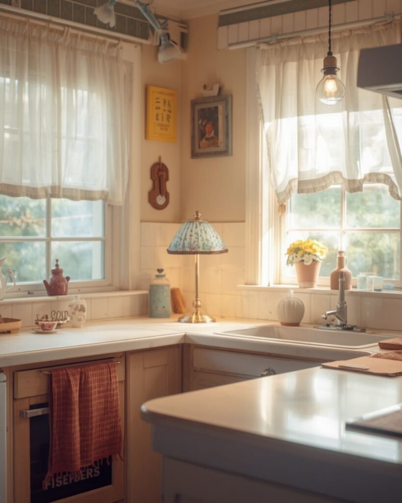 Bright cozy grandmacore kitchen with soft lighting, colorful accents, and a warm inviting feel