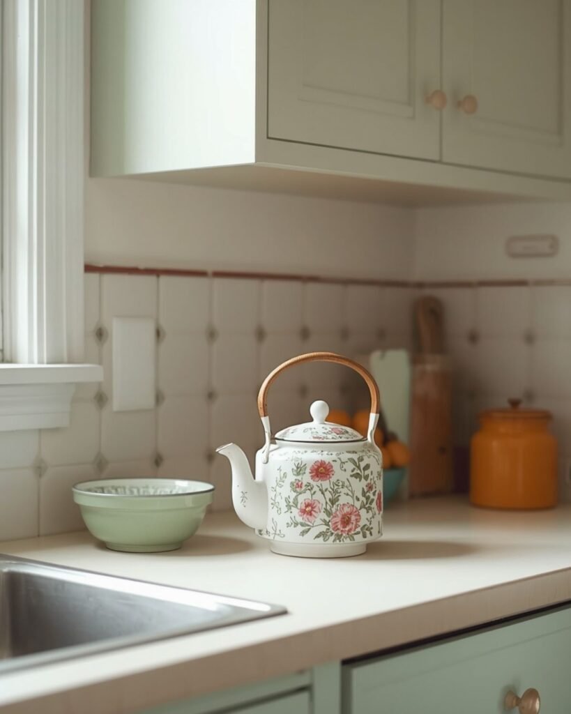 Grandmacore kitchen counter with vintage teapot and simple nostalgic decor accents