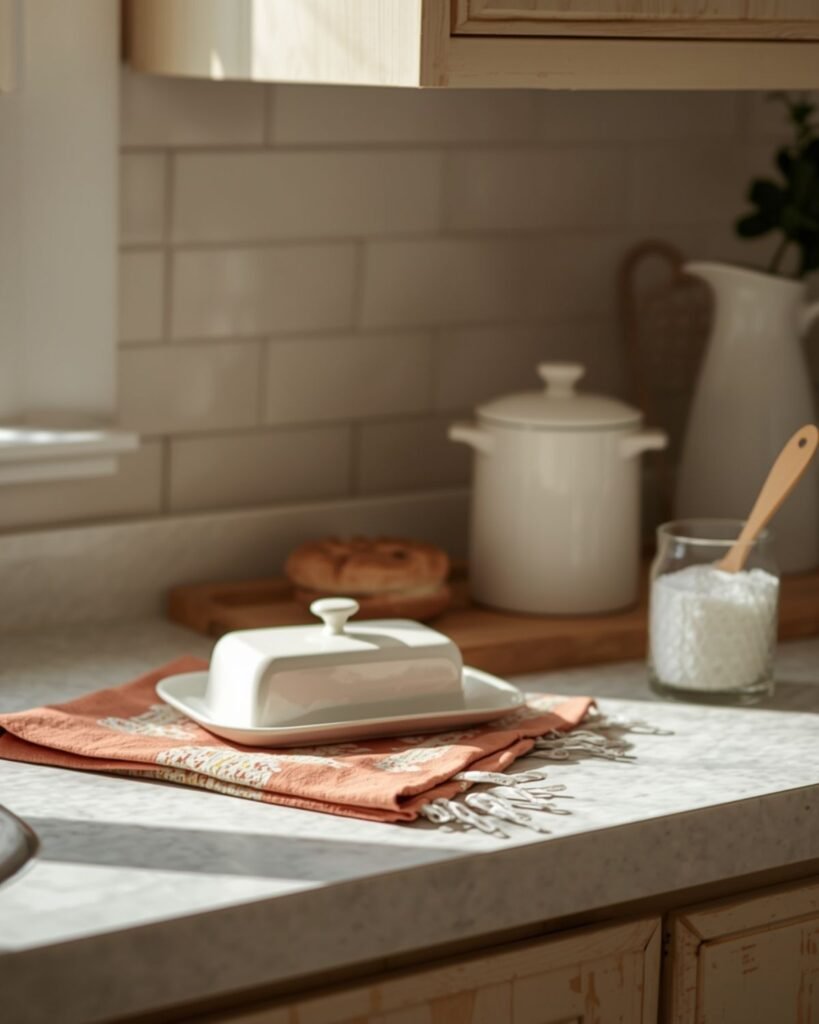 Simple grandmacore kitchen counter with butter dish, jar, and cozy everyday essentials