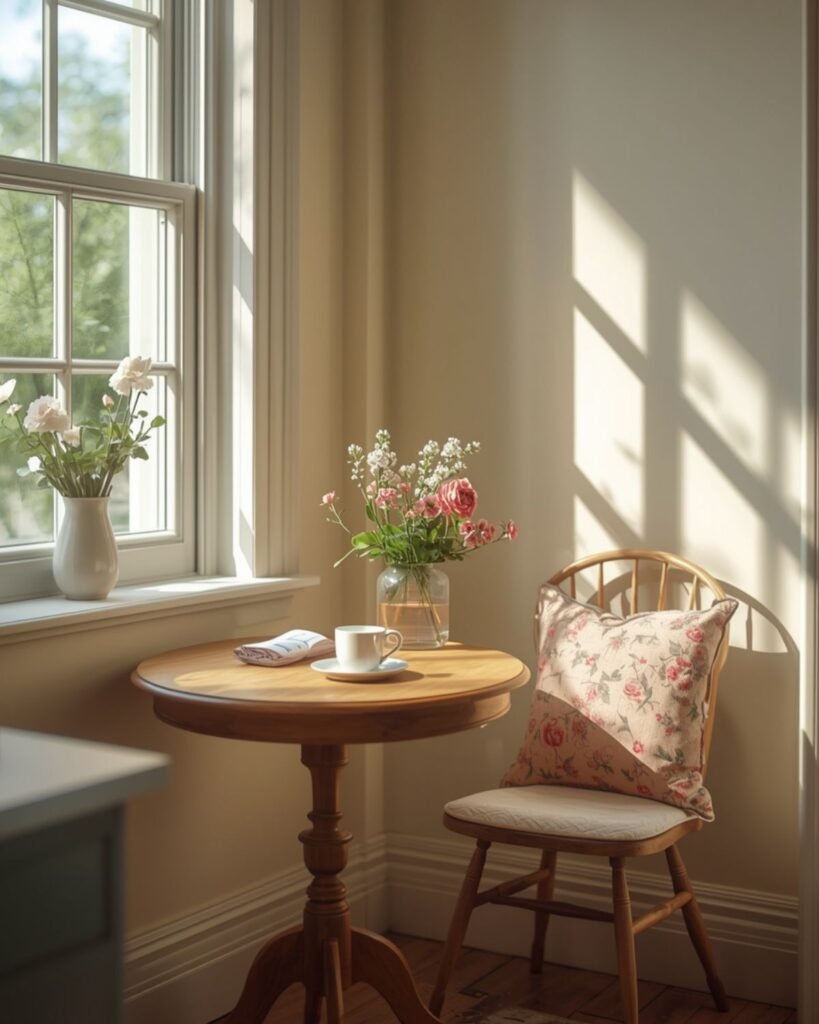 Small cozy kitchen corner with table, chair, flowers, and soft natural light