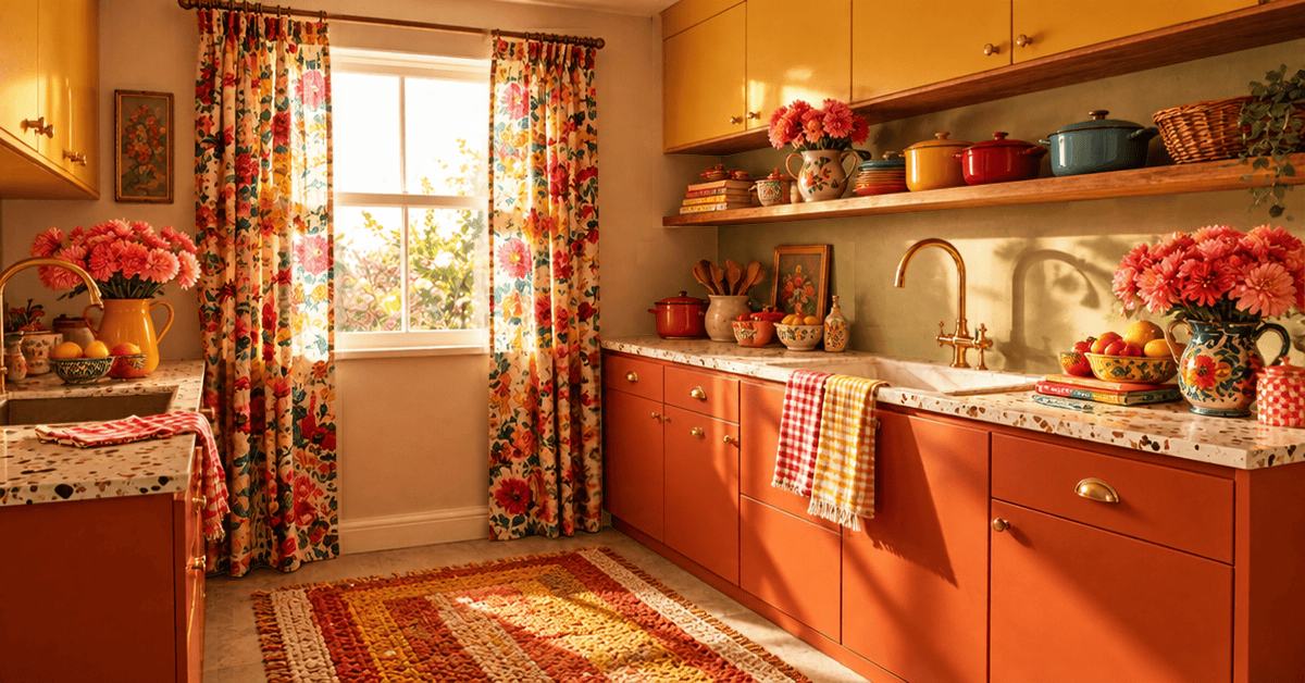 Cozy grandmacore kitchen featuring warm terracotta cabinets, vibrant floral curtains, a woven accent rug, and sunlit terracotta counters styled with vintage decor and fresh flowers.
