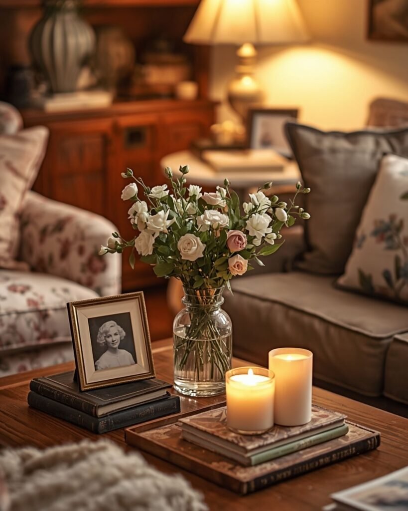 Grandmacore living room with flowers, candles, books, and personal vintage-style decor